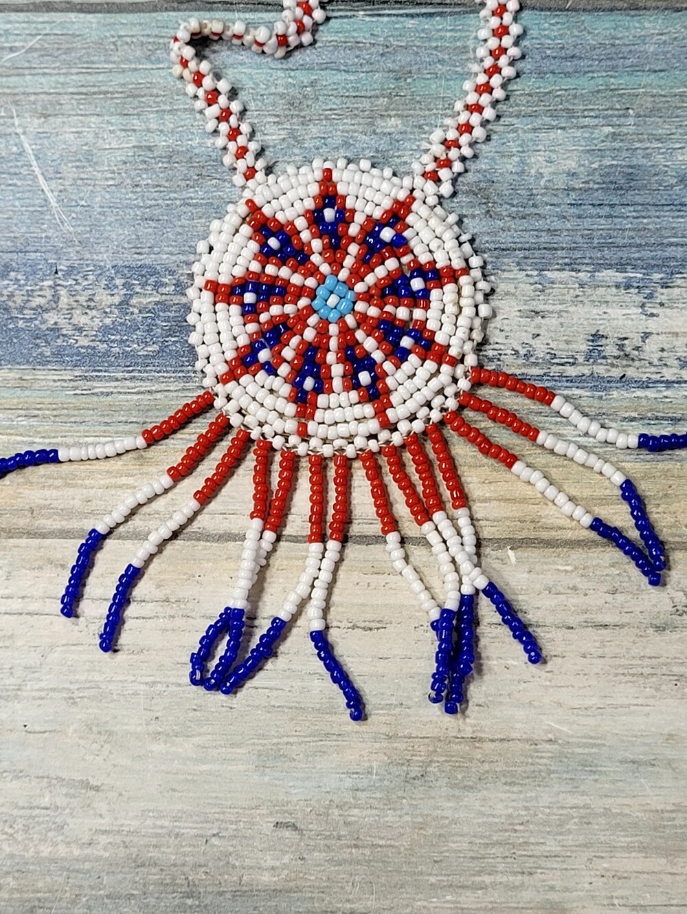 White, Red & Blue Seed Beaded Fringe Necklace - Picture 4 of 8